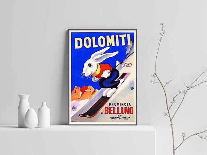 Retro Vintage Ski Poster Dolomiti Ski Bunny