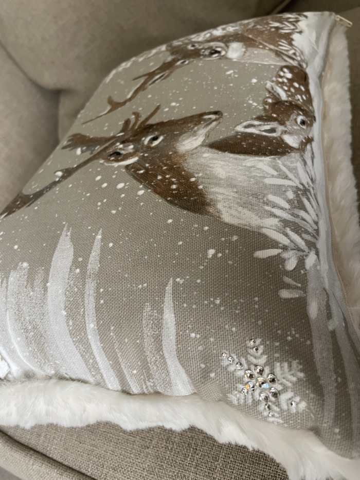 Oblong Stag Cushion Cover with Quality Austrian Crystals and Luxurious Faux Fur (Cream) - Image 4
