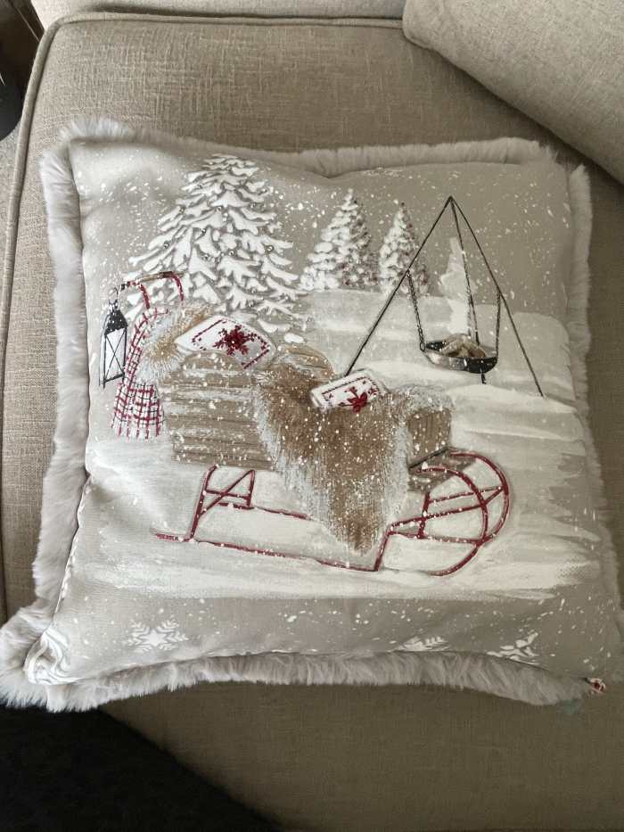 Luxurious 16” Designer Winter Sledge Cushion Cover with Quality Austrian Crystals and Luxurious Faun Faux Fur - Image 2